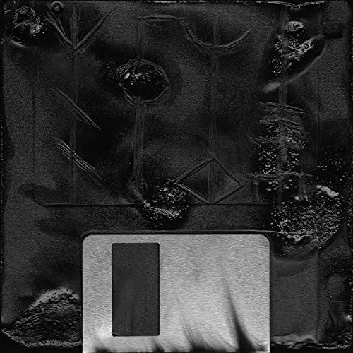 Black vinyl record sleeve resembling a damaged floppy disk, partially revealing the record.