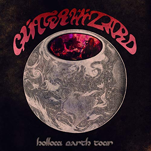 "Album cover with 'Glitter Wizard' in red, a marbled sphere, and 'hollow earth tour'."