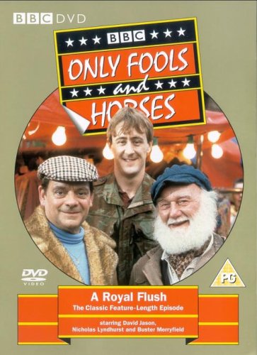 "Only Fools and Horses DVD cover with three men and show title on green background."