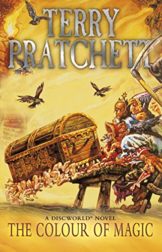 "Book cover of 'The Colour of Magic' by Terry Pratchett, featuring a chaotic, fantastical scene."