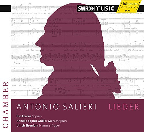 A maroon silhouette of a man's head against sheet music, with text and logos.