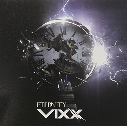 "VIXX album cover featuring a broken clock face with lightning and stairs."