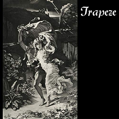 "Black and white album cover with illustration of woman and man in a garden scene."