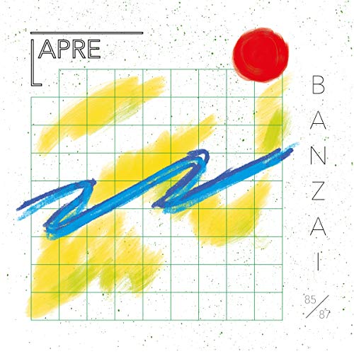 "Album cover with grid, yellow strokes, blue squiggle, and red circle on white background."