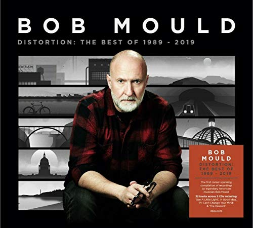 "Album cover featuring Bob Mould with collage background and text on black background."