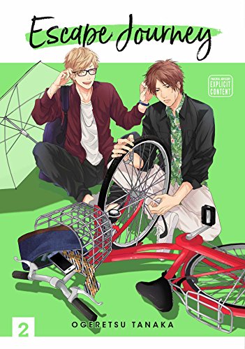 Manga cover featuring two men sitting with a tangled red bicycle on green background.