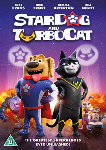 "Animated DVD cover featuring a dog and cat superhero duo against a purple background."