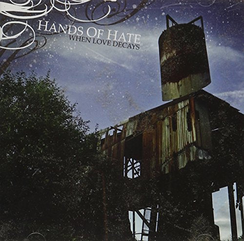 "Album cover featuring a ruined building with a water tower against a cloudy sky."