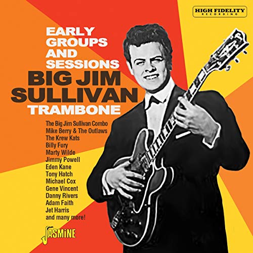 Album cover featuring a man in a suit holding a guitar, red and yellow background.