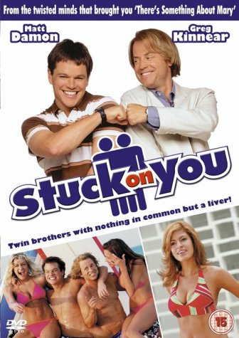 "Stuck on You DVD cover featuring Matt Damon and Greg Kinnear as conjoined twins."
