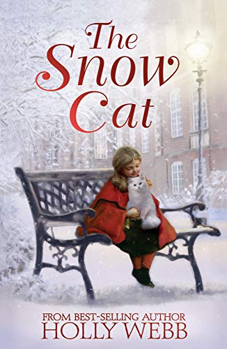 Book cover: girl in red coat holds white cat on snowy bench, winter scene.
