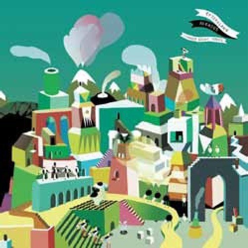 Album cover featuring a colorful, abstract cityscape with buildings and mountains.
