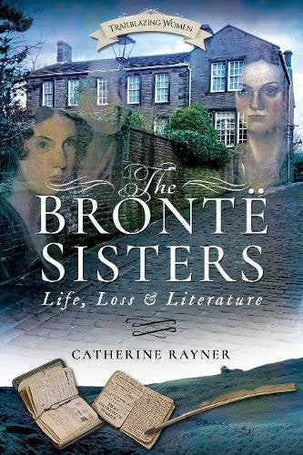 "Book cover with house, women's faces, and open books, titled 'The Bronte Sisters'."