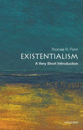 "Book cover with green and yellow abstract background, titled 'Existentialism' by Thomas R. Flynn."