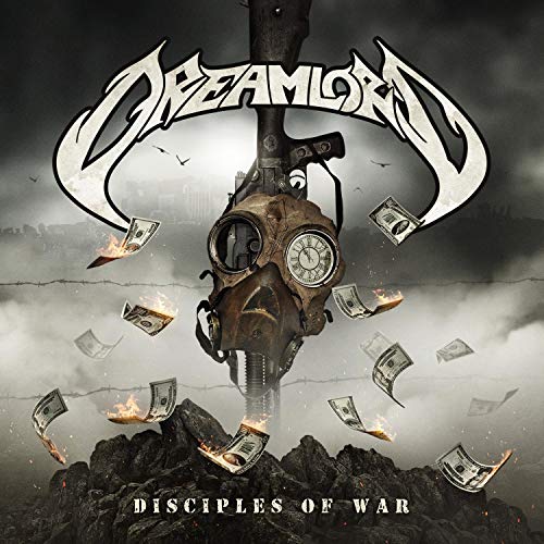 "Album cover featuring a steampunk skull with money floating around a dark landscape."