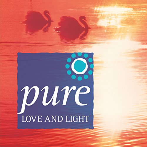 The image shows a CD cover with a blue logo and text against a serene background. Alt text: Blue logo with "pure love and light" text, swans on water background.
