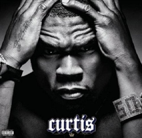 "Black and white album cover with 50 Cent holding his head, 'curtis' written below."