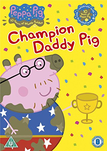 DVD cover featuring cartoon Daddy Pig in a superhero costume with confetti and trophy.
