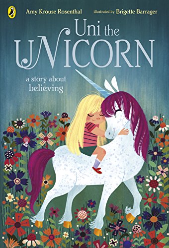 "Illustration of a girl hugging a white unicorn in a colorful flower field."