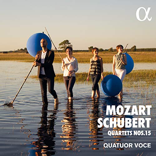 "CD cover with four people wading in water, holding blue balloons, and white text overlay."