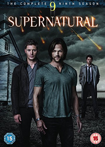 "Supernatural Season 9 DVD cover featuring three men standing outdoors with a house."