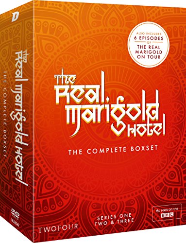 The image shows a DVD box set. Alt text: Orange DVD box set with "The Real Marigold Hotel" title.