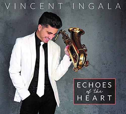 Man in white jacket holding saxophone with album title "Echoes of the Heart" on cover.