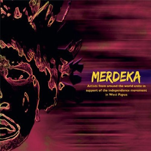 "Album cover with abstract red and black design, yellow text 'MERDEKA' and supporting statement."