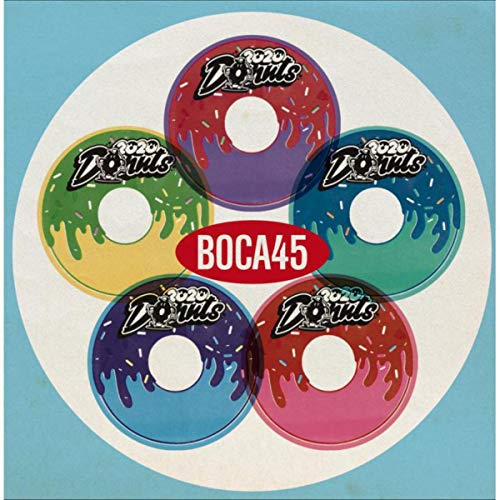 "Multicolored donuts with '2020 Donuts' text arranged around a 'BOCA45' label on a blue background."