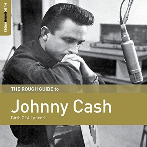 "Black and white image of Johnny Cash with a microphone, gold overlay with title text."