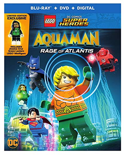 "Lego DVD cover featuring Lego Aquaman and other superheroes against a blue cityscape background."