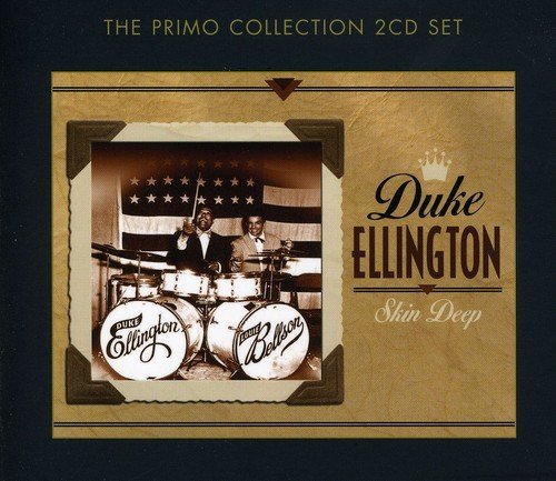 "Duke Ellington CD cover with sepia-toned image of drummer and bandmates behind US flag."