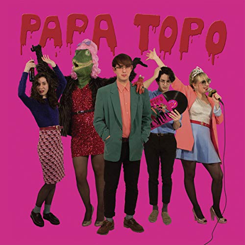 "Papa Topo album cover with five quirky characters against a bright pink background."