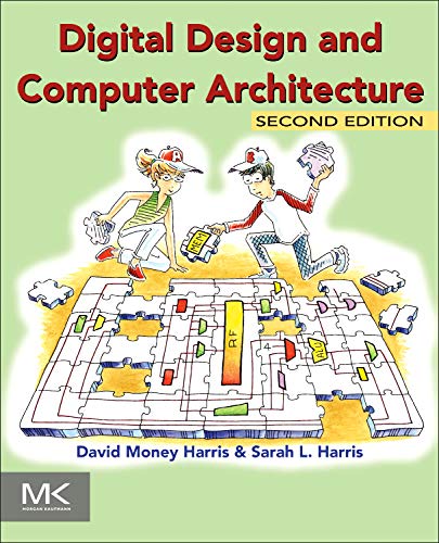 The image depicts the cover of the textbook "Digital Design and Computer Architecture." Here is a concise, descriptive alt text for the image: "Book cover with cartoon people running on a puzzle, light green background."