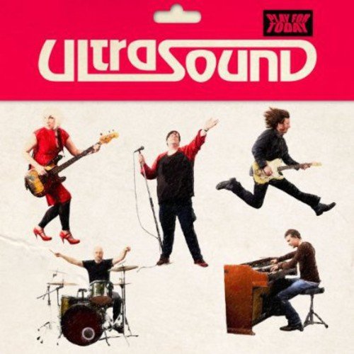 "Album cover with red banner, band members in dynamic poses playing instruments."