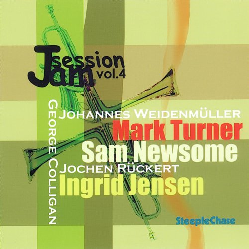 "CD cover with green and orange abstract background, trumpet image, and artist names listed."