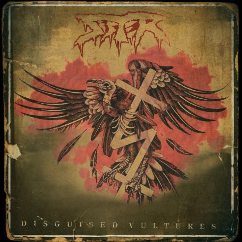 The image shows a vinyl record cover with a vulture holding three crosses. Alt text: Vulture holding three crosses on a distressed album cover.