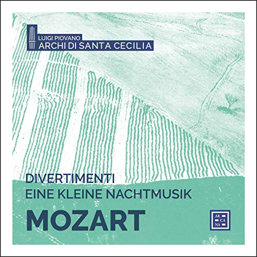 The image shows a CD cover with a green and white abstract design. The alt text is: "CD cover with green abstract design and Mozart's name prominently displayed."
