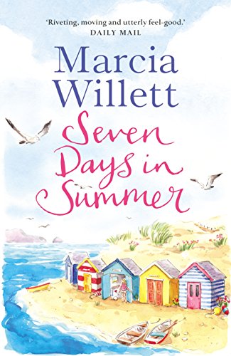 "Book cover featuring colorful beach huts and boats on a sandy shore."