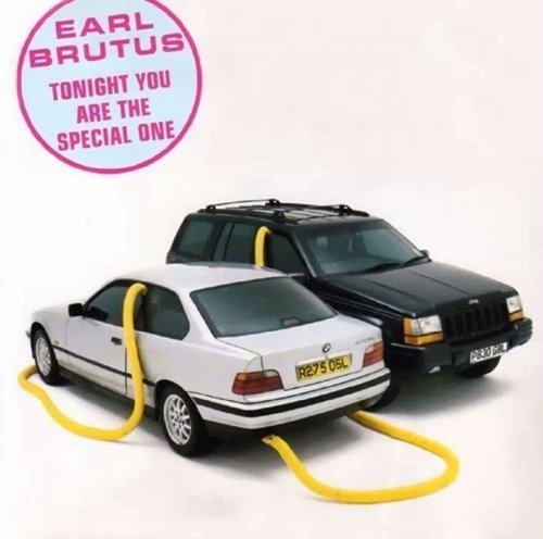 "Album cover with two cars, white BMW and black Jeep, with yellow hoses."