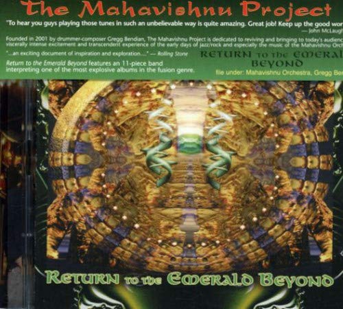The image is a CD cover for "The Mahavishnu Project - Return to the Emerald Beyond". Alt text: A CD cover with a psychedelic, mirrored tunnel and green text.
