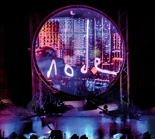 "Concert stage with large circular screen displaying 'node' and a cityscape."