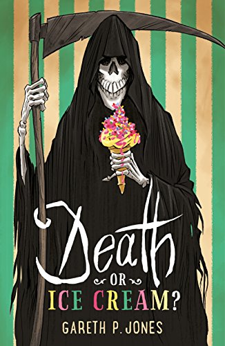"Book cover featuring Grim Reaper holding ice cream cone against green and beige striped background."