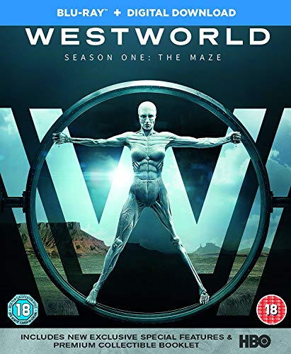 "Blu-ray cover for Westworld Season 1, featuring a humanoid robot in a maze."