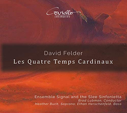 "CD cover with red desert landscape and white text, featuring 'David Felder: Les Quatre Temps Cardinaux'."