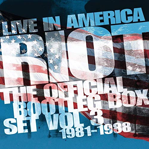 The image depicts a CD cover for "Riot Riot" with the text "Live in America: The Official Bootleg Box Set Vol. 3 1981-1988." The cover features a blue background with a large, stylized representation of the American flag overlaid with the word "RIOT" in bold, white letters. The text is arranged in a staggered format, with "LIVE IN AMERICA" at the top, followed by "RIOT," then "THE OFFICIAL BO