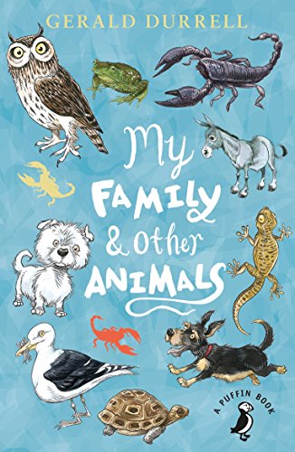 "Book cover with 'My Family & Other Animals' title, surrounded by various animal illustrations on blue background."