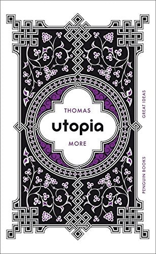 "Book cover with ornate black and white design, purple accents, and 'Utopia' title."