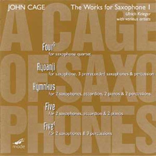 Brown album cover with white text listing John Cage's saxophone compositions.
