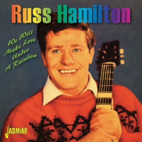 "Album cover featuring Russ Hamilton holding a guitar, wearing a red sweater, against a blue background."